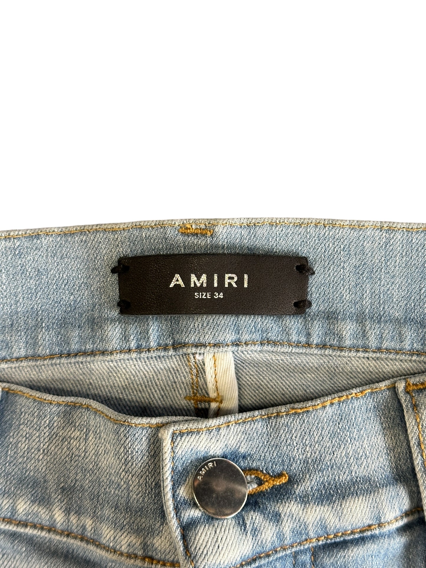 Amiri MX1 Light Wash Indigo Camo Patch Jeans Size 34 Pre-owned